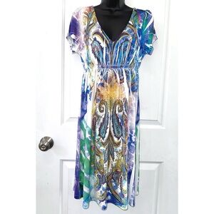 R. Rouge boutique Blue Paisley Short Sleeve summer dress with Rhinestones